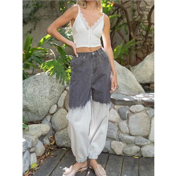 New POL Bleached Black Denim Jogger Pants M | High Waist Ombre Fade SZ M - Picture 3 of 16